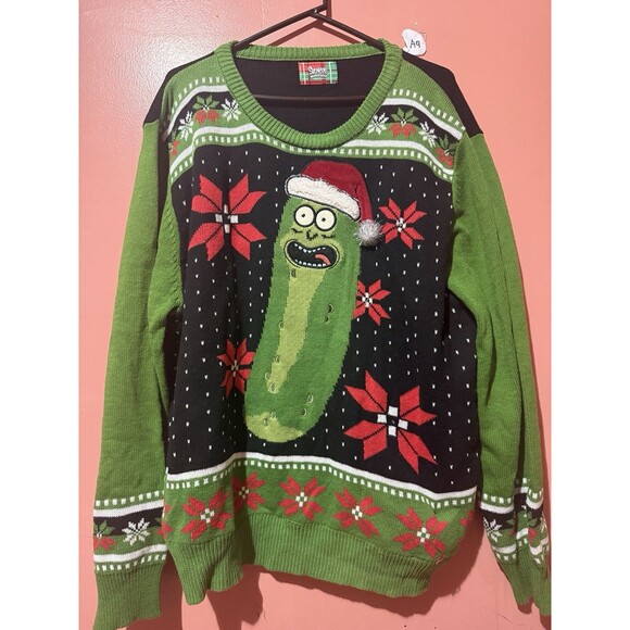 Spencers Rick & Morty Mens Ugly Chritmas Sweater L Large Black Green Holiday - Picture 1 of 9